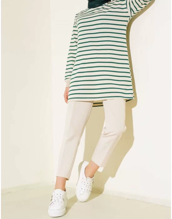 YAZGI MODA Yatay Çizgili Basic Tunik Zümrüt Yeşili