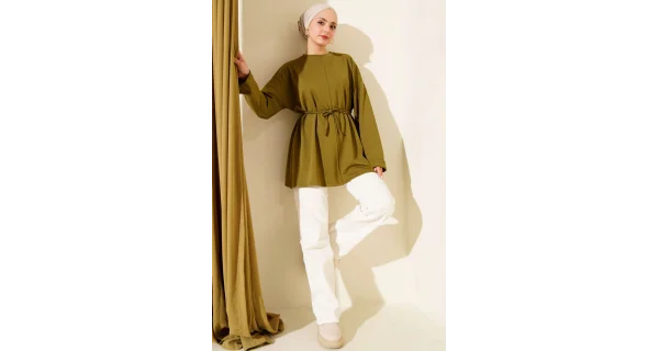 Bisiklet Yaka İp Kuşaklı Tunik Yağ Yeşil