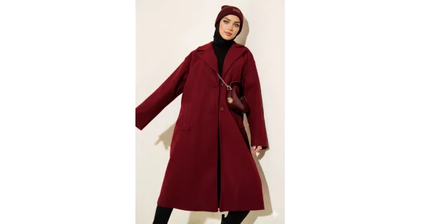 Bordo Premium Kruvaze Yaka Oversize Uzun Kaşe Kaban