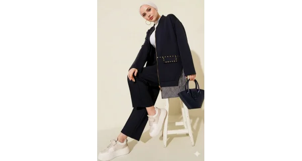 Lacivert Premium Çizgili Ofis Şıklığı İkili Takım