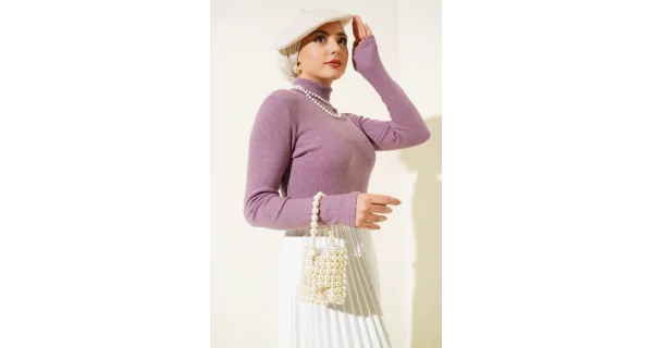 Lila Boğazlı Fitilli Triko Body