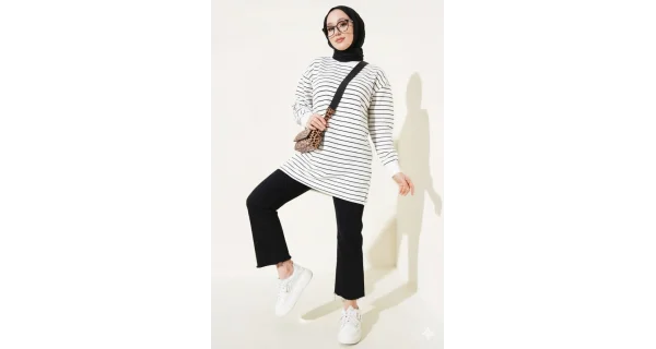 Siyah Beyaz Çizgili Oversize Uzun Tunik