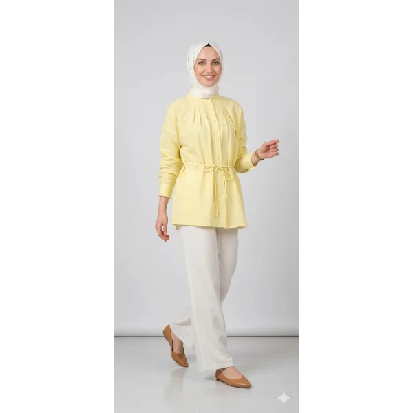 Yazgı Moda Kadın Limon Sarısı Hakim Yaka Kuşaklı Tesettür Gömlek