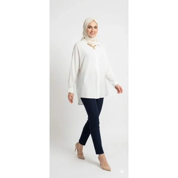 BrandName Beyaz Dökümlü Oversize Zincir Detaylı Tesettür Tunik Gömlek