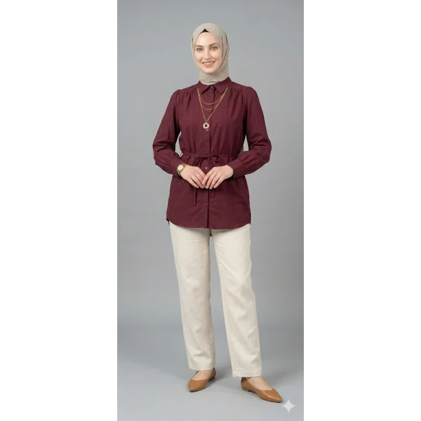 Kadın Bordo Belden Bağlamalı Düğmeli Tesettür Gömlek Tunik