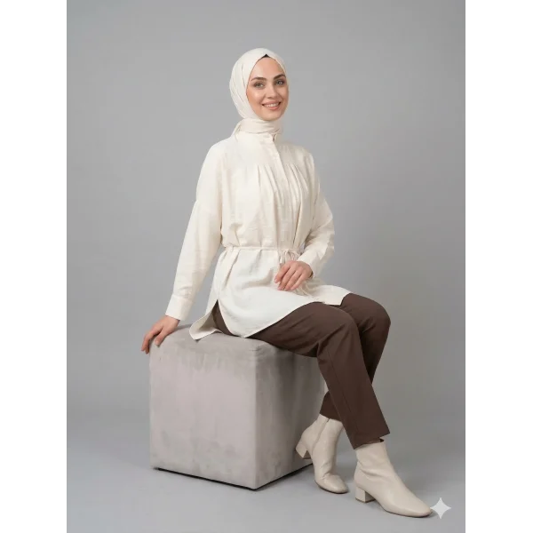 Yazgı Moda Kadın Ekru Hakim Yaka Kuşaklı Tesettür Gömlek