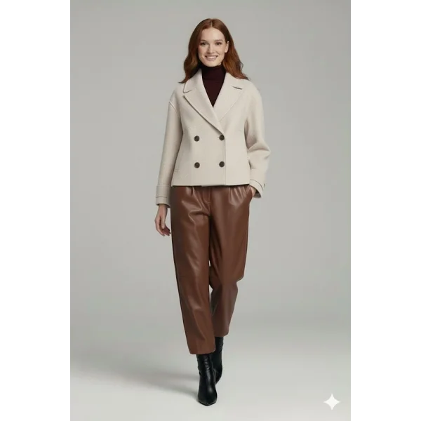 Bej Kadın Premium Kaşe Crop Ceket