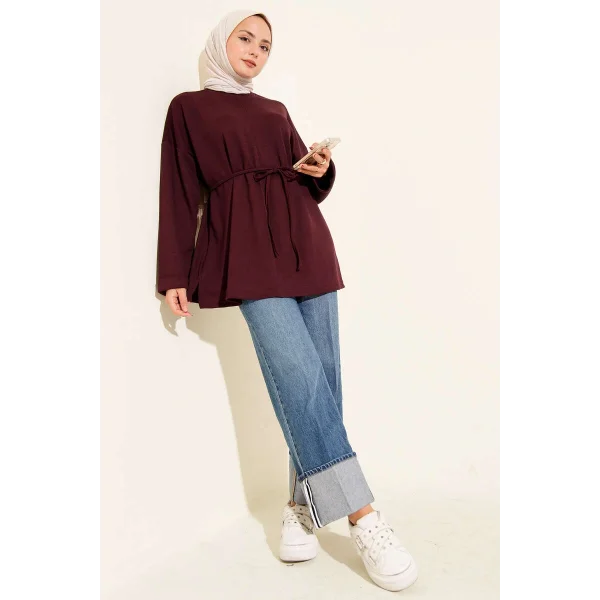 Bisiklet Yaka İp Kuşaklı Tunik Bordo