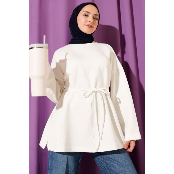 Bisiklet Yaka İp Kuşaklı Tunik Ekru
