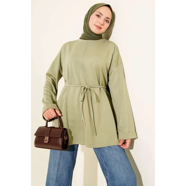 Bisiklet Yaka İp Kuşaklı Tunik Haki