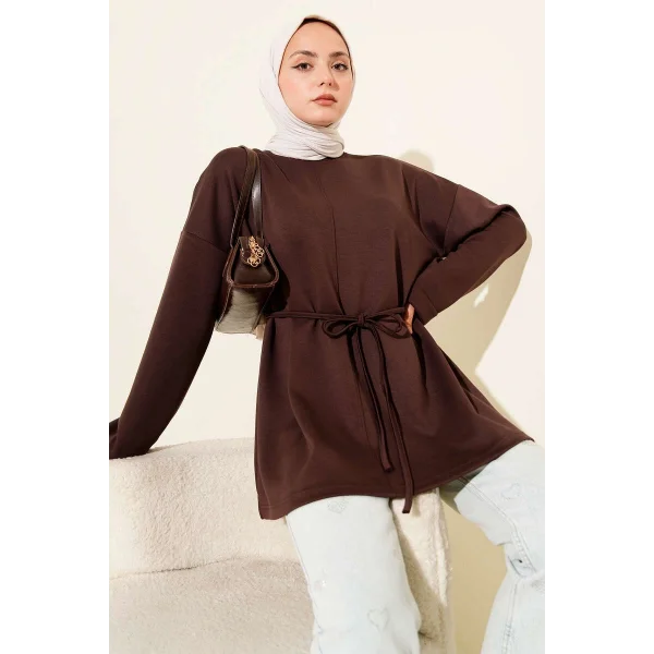 Bisiklet Yaka İp Kuşaklı Tunik Kahve