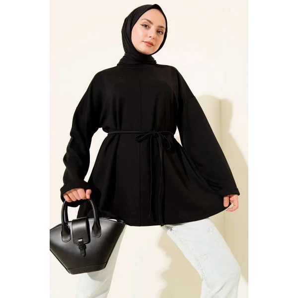 Bisiklet Yaka İp Kuşaklı Tunik Siyah