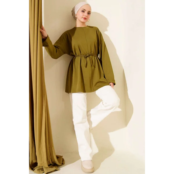 Bisiklet Yaka İp Kuşaklı Tunik Yağ Yeşil