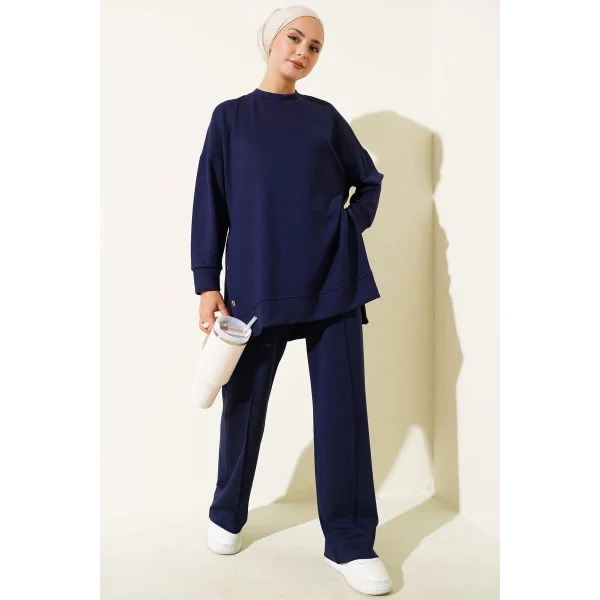 Bisiklet Yaka Yanları Metal Düğmeli İkili Takım Lacivert