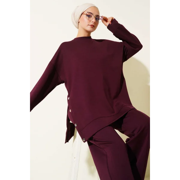 Bisiklet Yaka Yanları Metal Düğmeli İkili Takım Mürdüm