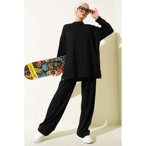 Bisiklet Yaka Yanları Metal Düğmeli İkili Takım Siyah