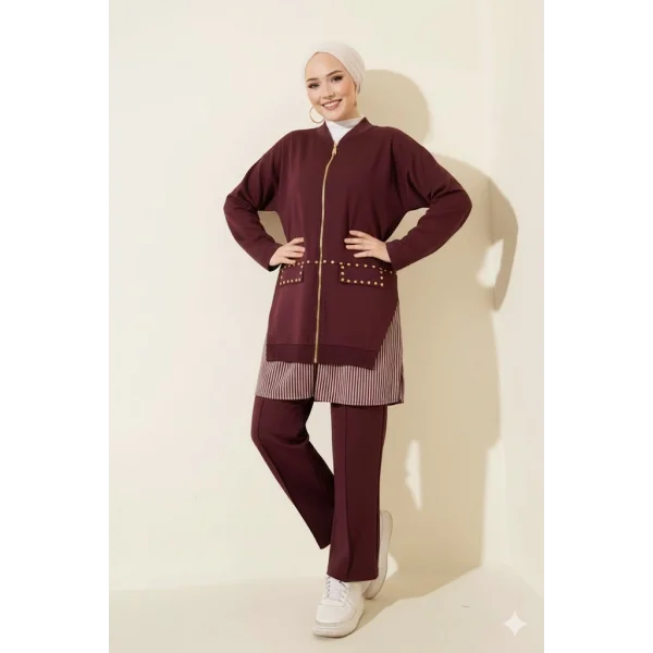 Bordo Premium Çizgili Ofis Şıklığı İkili Takım