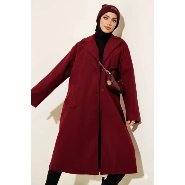 Bordo Premium Kruvaze Yaka Oversize Uzun Kaşe Kaban