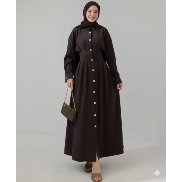 Düğme Detaylı Beli Büzgülü Tasarım Elbise