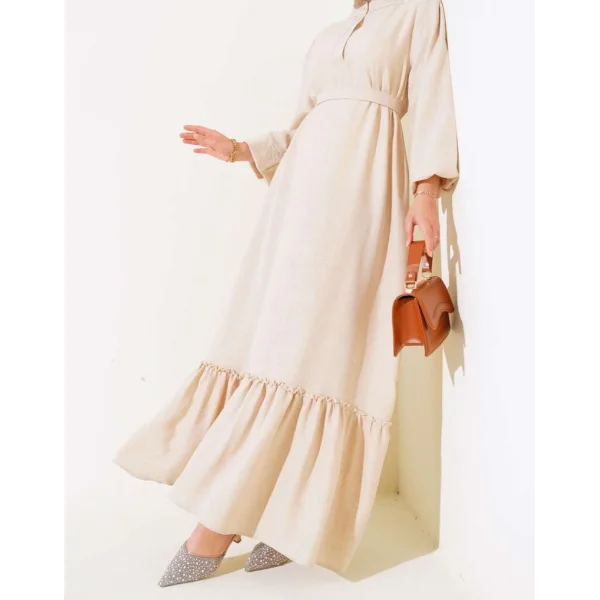 Fırfır Detaylı Yaka Düğmeli Elbise Bej