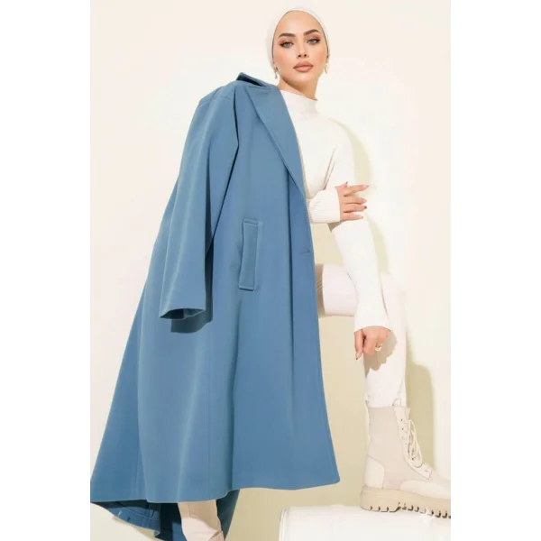 Gök Mavisi Premium Kruvaze Yaka Oversize Uzun Kaşe Kaban