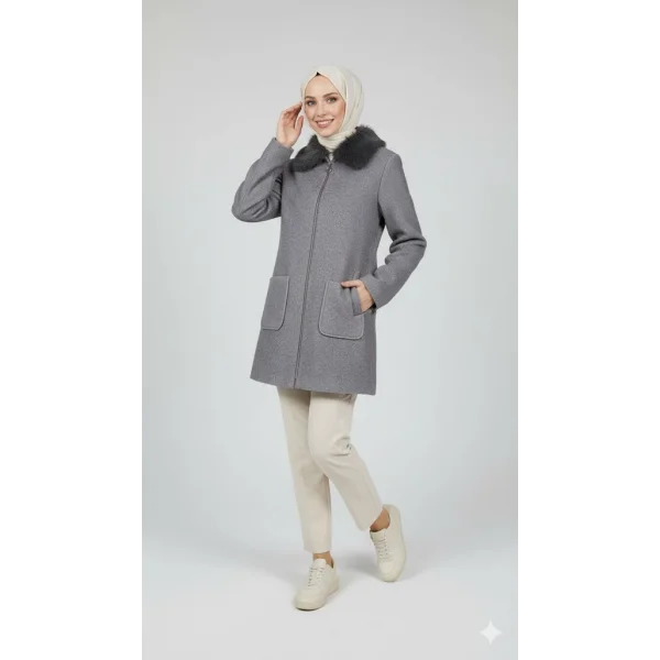 Gri Kadın Kürk Yakalı Fermuarlı Kaşe Kaban