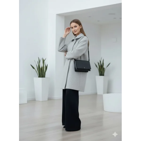 Gri Moskov Premium Kruvaze Yünlü Kaşe Kaban