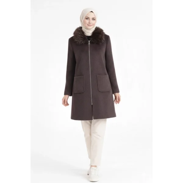 Kahve Kadın Kürk Yakalı Fermuarlı Kaşe Kaban