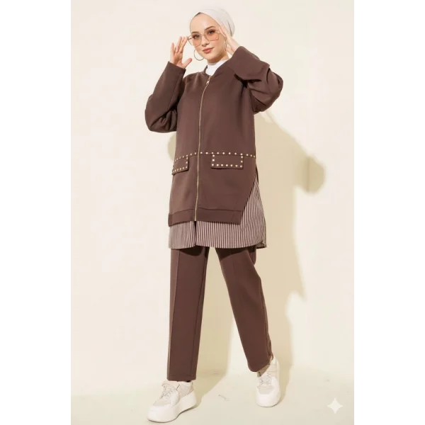 Kahve Rengi Premium Çizgili Ofis Şıklığı İkili Takım