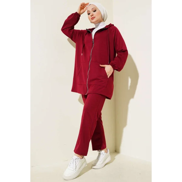 Kanguru Cepli Fermuarlı İkili Takım Bordo