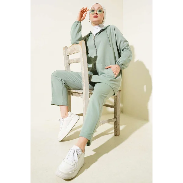 Kanguru Cepli Fermuarlı İkili Takım Çağla Yeşili