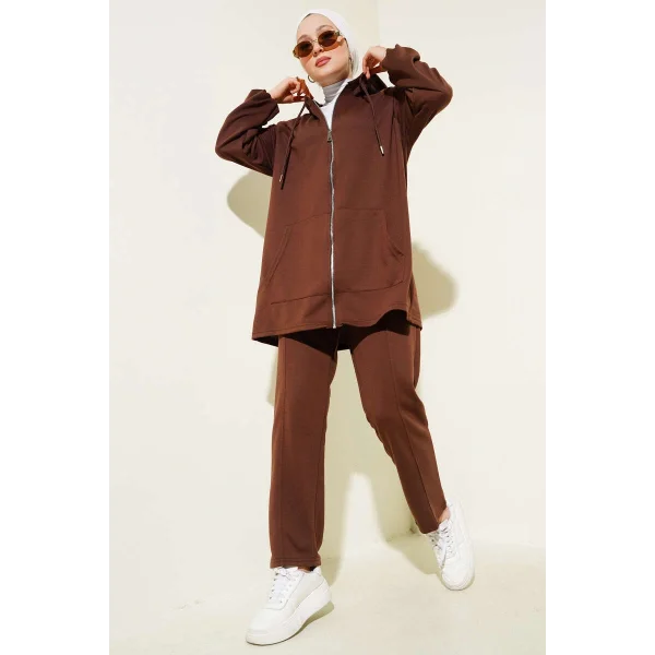 Kanguru Cepli Fermuarlı İkili Takım Kahve