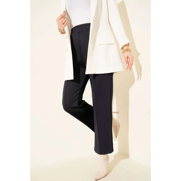 Lacivert Çımalı Yüksek Bel Boru Paça Pantolon