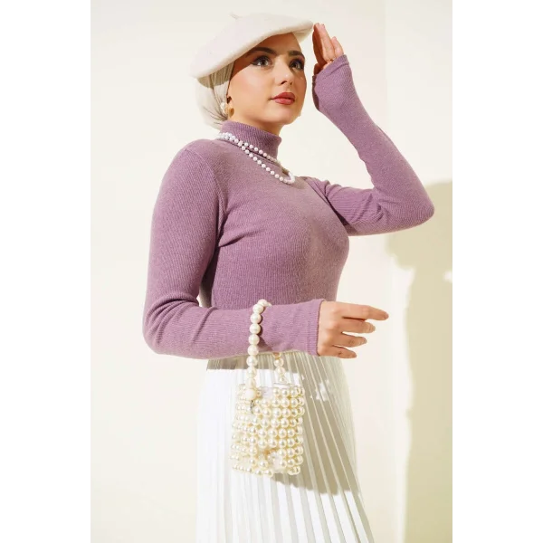 Lila Boğazlı Fitilli Triko Body