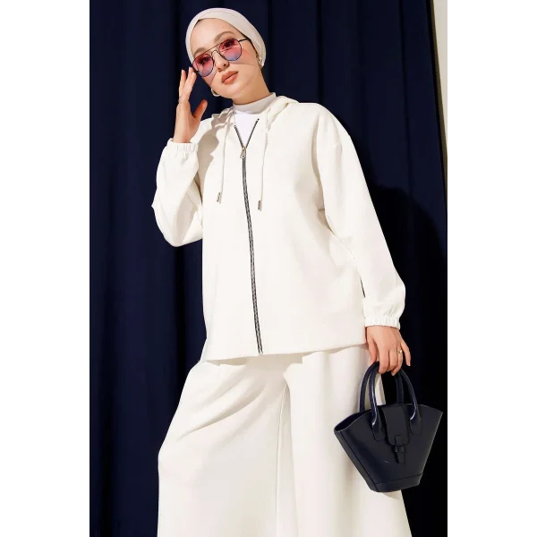 Loyşa Basic Fermuarlı Kapüşonlu İkili Takım Beyaz