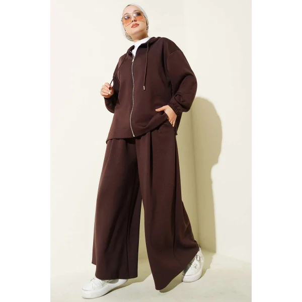 Loyşa Basic Fermuarlı Kapüşonlu İkili Takım Kahve