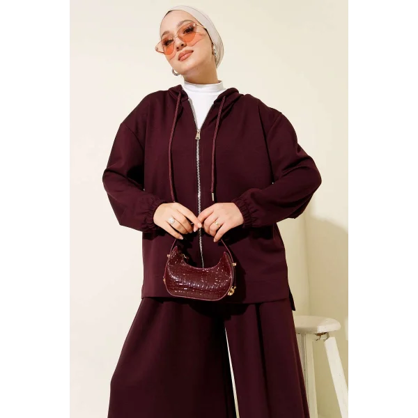 Loyşa Basic Fermuarlı Kapüşonlu İkili Takım Mürdüm