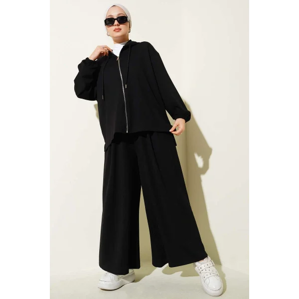 Loyşa Basic Fermuarlı Kapüşonlu İkili Takım Siyah