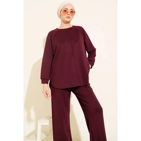 Mürdüm Oversize Sweatshirt Ve Geniş Paça Pantolon Kombin Takım