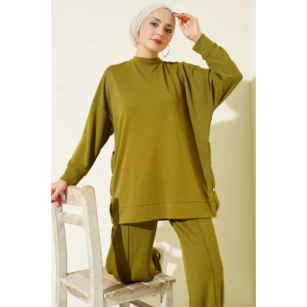 Bisiklet Yaka Yanları Metal Düğmeli İkili Takım Yağ Yeşili