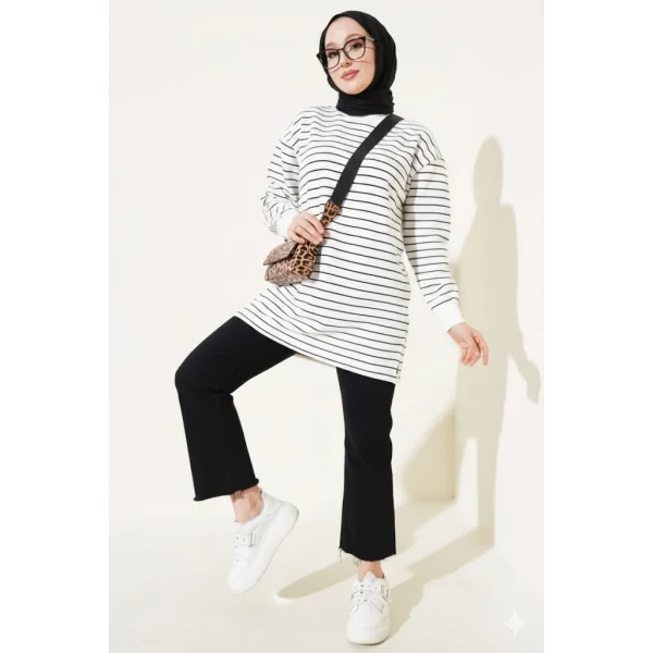 Siyah Beyaz Çizgili Oversize Uzun Tunik