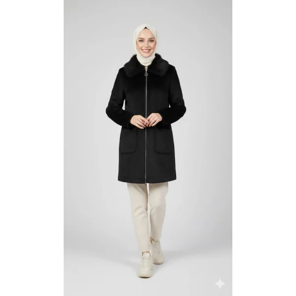 Siyah Kadın Kürk Yakalı Fermuarlı Kaşe Kaban