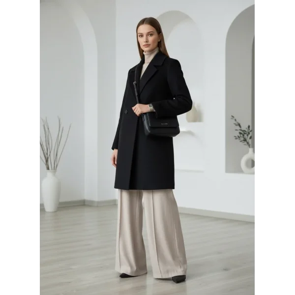 Siyah Moskov Premium Kruvaze Yünlü Kaşe Kaban