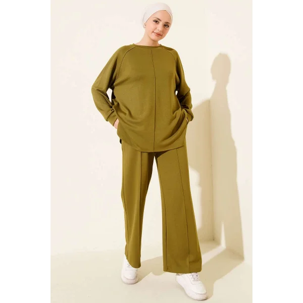 Yağ Yeşil Oversize Sweatshirt Ve Geniş Paça Pantolon Kombin Takım