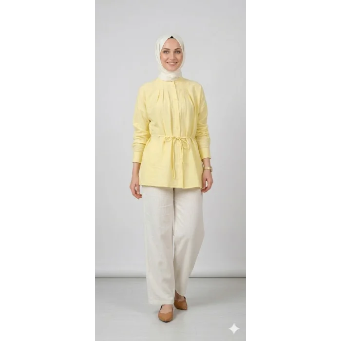Yazgı Moda Kadın Limon Sarısı Hakim Yaka Kuşaklı Tesettür Gömlek