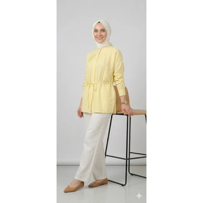 Yazgı Moda Kadın Limon Sarısı Hakim Yaka Kuşaklı Tesettür Gömlek