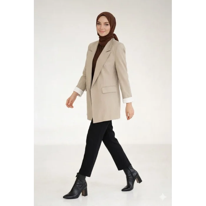 Yazgı Moda Kadın Taş Rengi Oversize Blazer Ceket