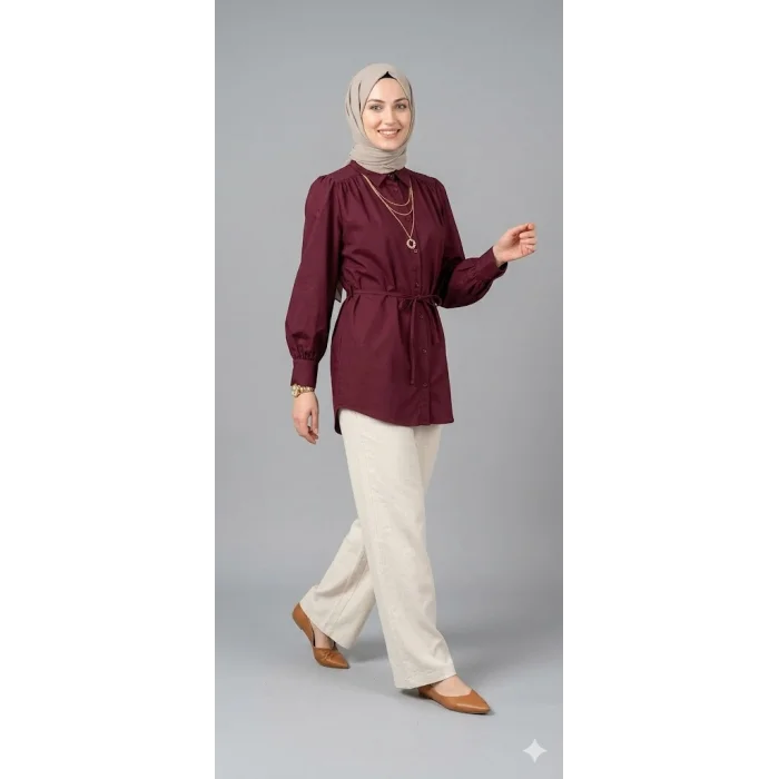 Kadın Bordo Belden Bağlamalı Düğmeli Tesettür Gömlek Tunik