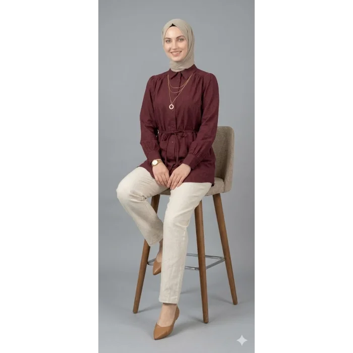 Kadın Bordo Belden Bağlamalı Düğmeli Tesettür Gömlek Tunik