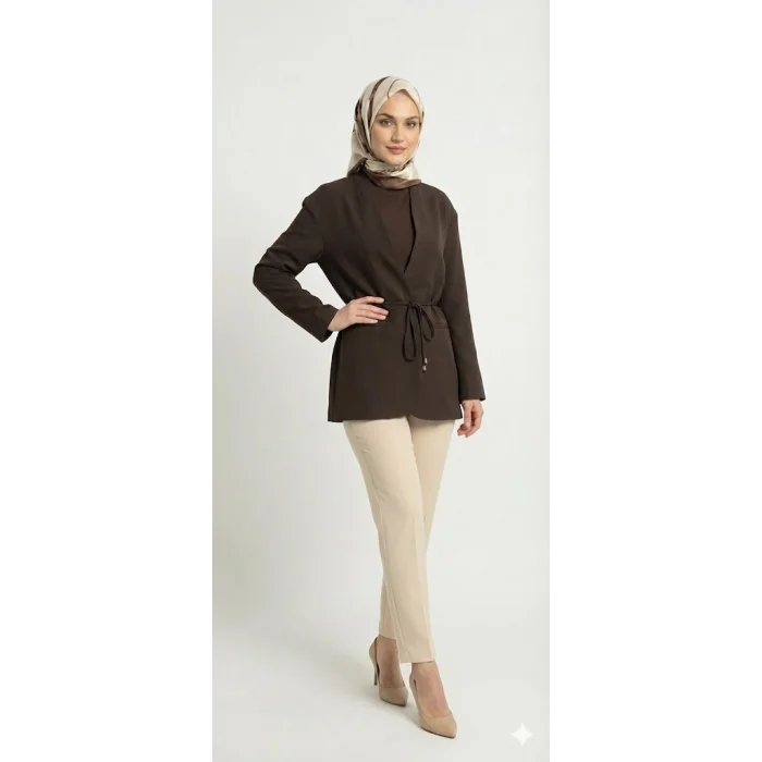 Yazgı Moda Kadın Koyu Kahve Beli Bağlamalı V Yaka Kruvaze Ceket